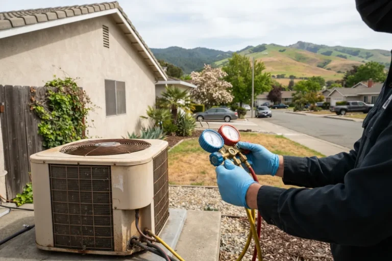 Technician checking refrigerant pressure on an outdoor AC unit
